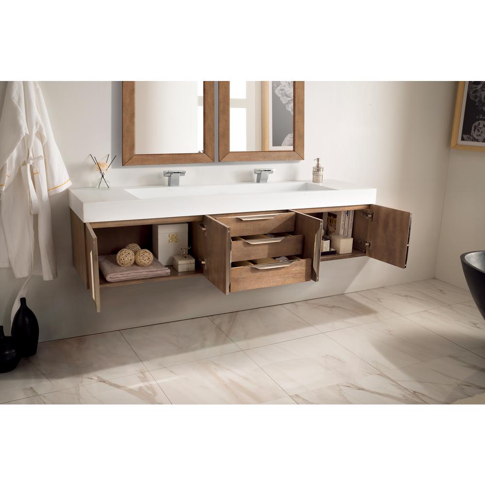 Mercer Island 72" Double Vanity,  Latte Oak w/ Glossy White Composite Top. Picture 4