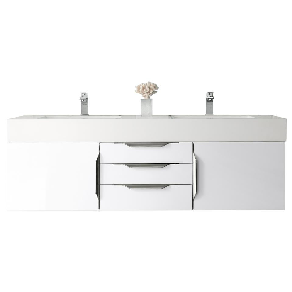 Mercer Island 59" Double Vanity, Glossy White w/ Glossy White Composite Top. Picture 1