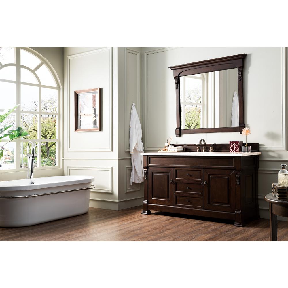 Brookfield 60" Single Vanity, Burnished Mahogany w/ 3 CM Carrara Marble Top. Picture 3