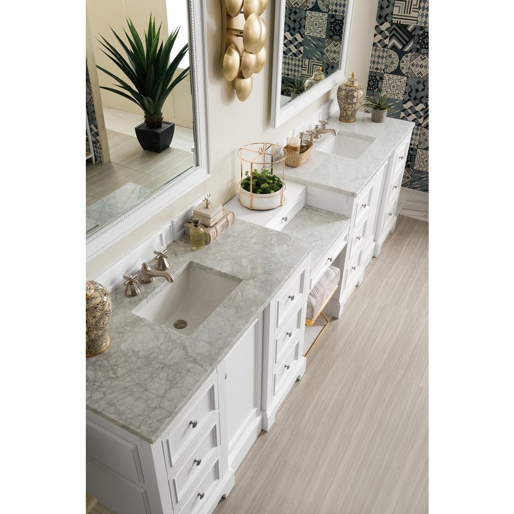118" Double Vanity Set, Bright White w/ Makeup Table, 3 CM Carrara Marble Top. Picture 5