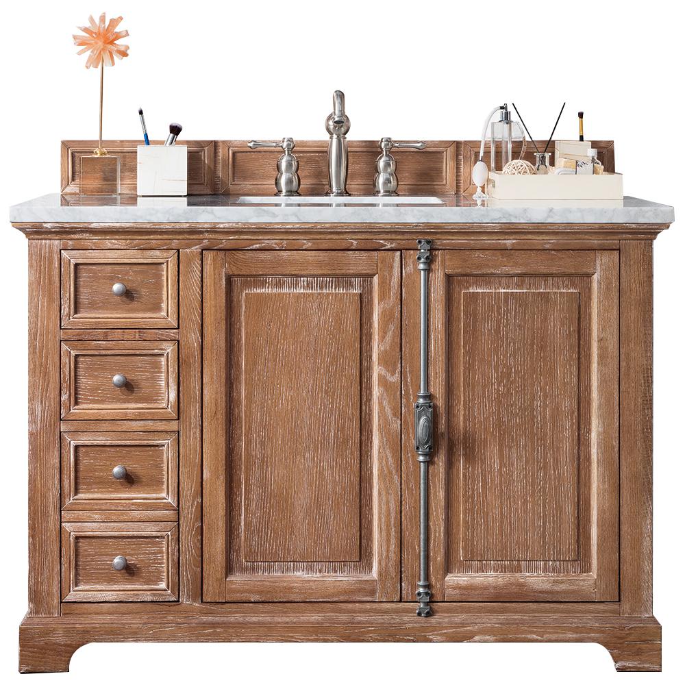 48" Single Vanity Cabinet, Driftwood, w/ 3 CM Eternal Jasmine Pearl Quartz Top. Picture 1