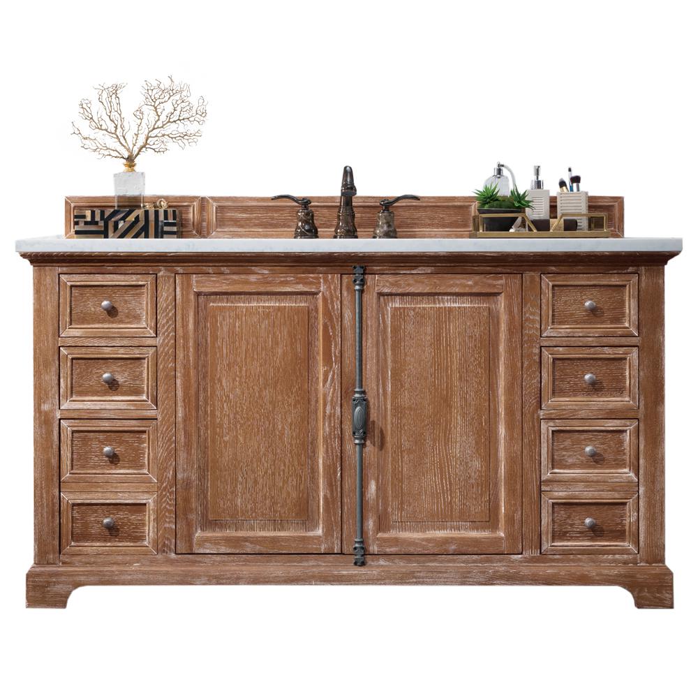60" Single Vanity Cabinet, Driftwood, w/ 3 CM Eternal Jasmine Pearl Quartz Top. Picture 1