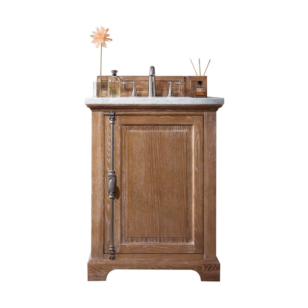 26" Single Vanity Cabinet, Driftwood, w/ 3 CM Eternal Jasmine Pearl Quartz Top. Picture 1