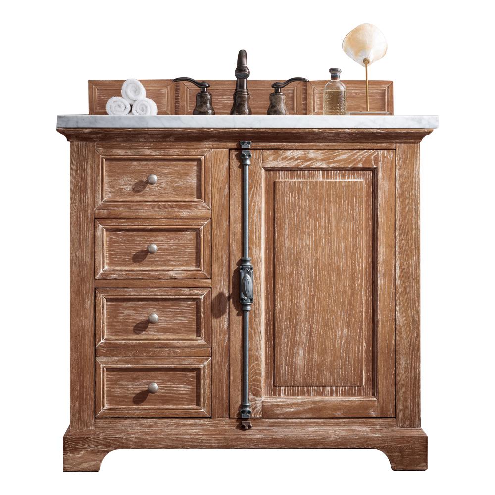 36" Single Vanity Cabinet, Driftwood, w/ 3 CM Eternal Jasmine Pearl Quartz Top. Picture 1
