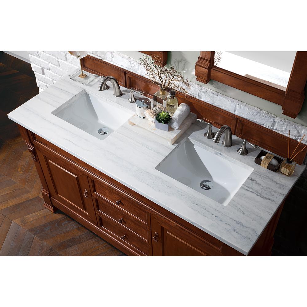 Brookfield 60" Double Vanity, Warm Cherry w/ 3 CM Arctic Fall Solid Surface Top. Picture 3