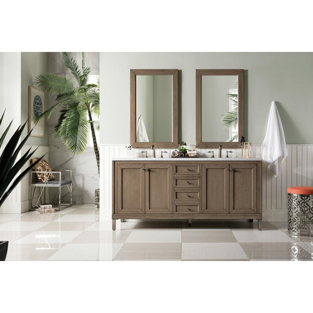 72" Double Vanity, Whitewashed Walnut w/ 3 CM Arctic Fall Solid Surface Top. Picture 2