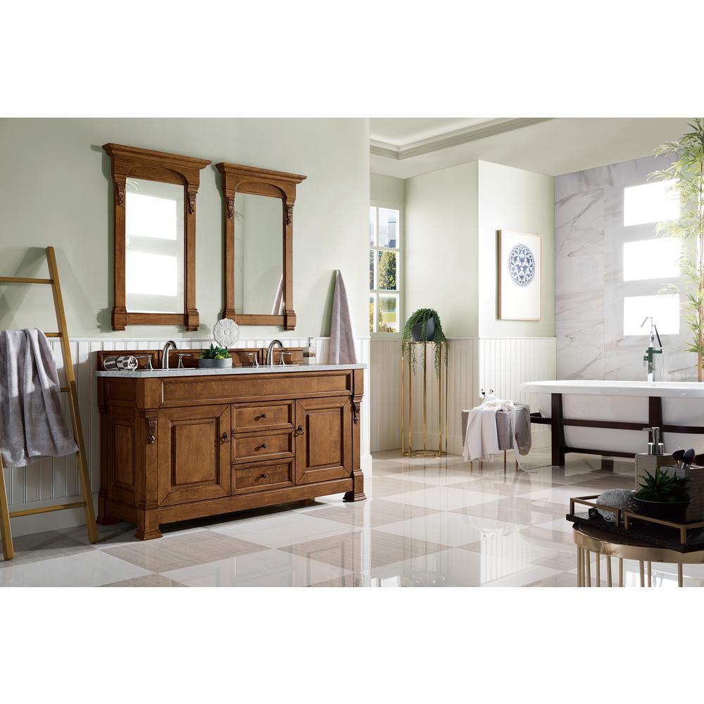Brookfield 60" Double Vanity, Country Oak w/ 3 CM Carrara Marble Top. Picture 3