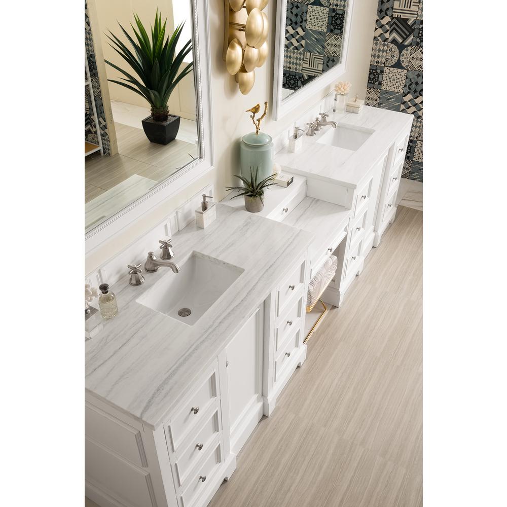 118" Double Vanity Set, Bright White w/ Makeup Table, Solid Surface Top. Picture 3
