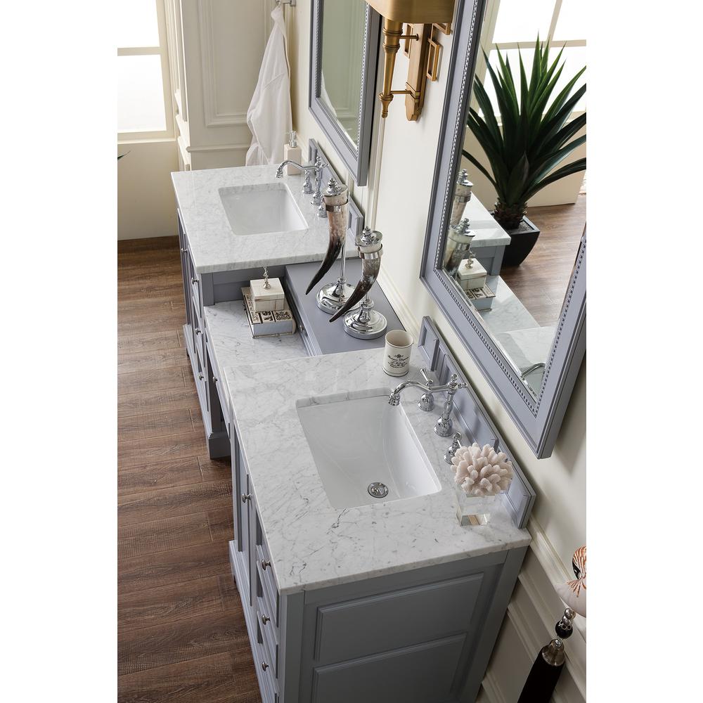 82" Double Vanity Set, Silver Gray w/ Makeup Table, 3 CM Carrara Marble Top. Picture 3