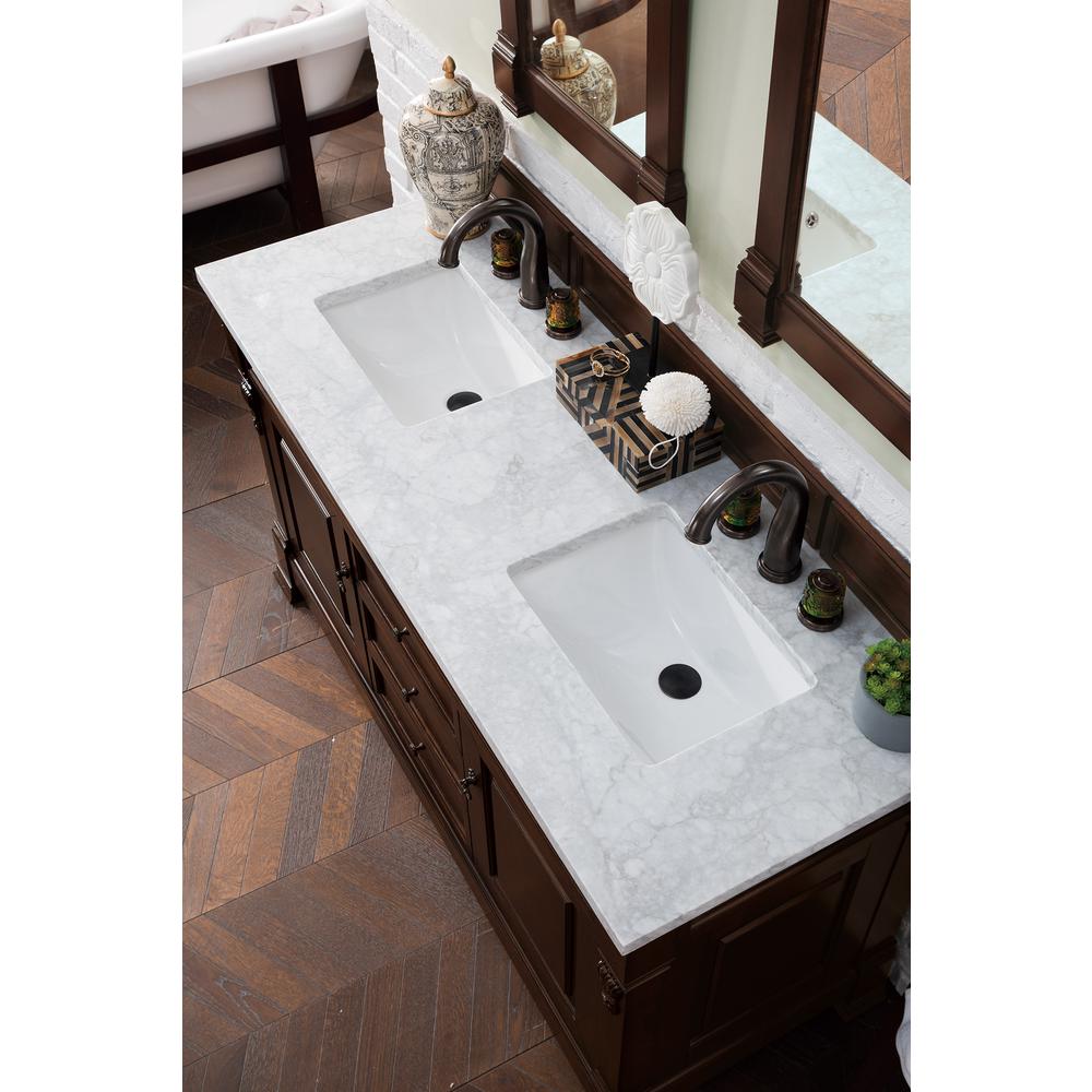 Brookfield 60" Double Vanity, Burnished Mahogany w/ 3 CM Carrara Marble Top. Picture 5