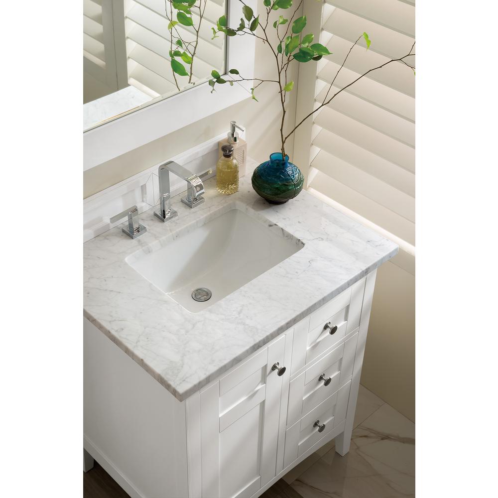 Palisades 30" Single Vanity, Bright White w/ 3 CM Carrara Marble Top. Picture 3