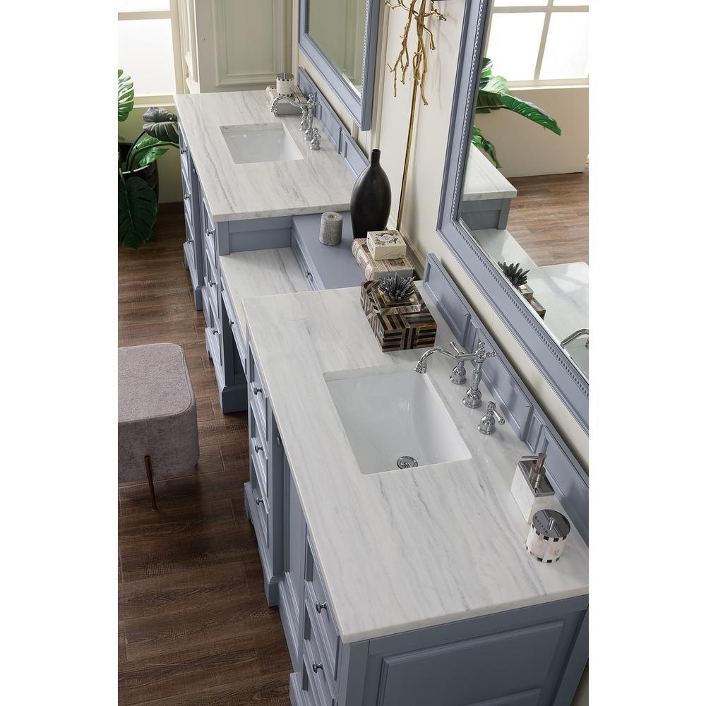 118" Double Vanity Set, Silver Gray w/ Makeup Table, Solid Surface Top. Picture 5