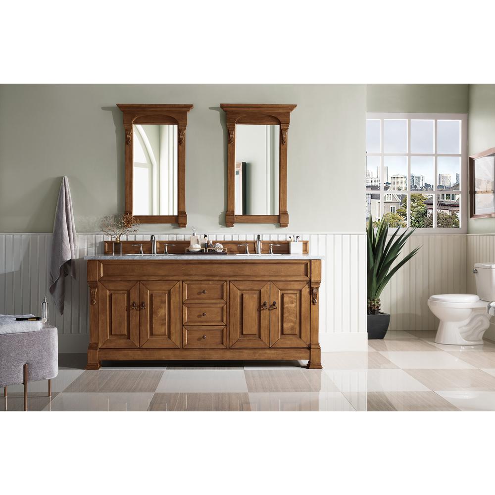 Brookfield 72" Double Vanity, Country Oak w/ 3 CM Carrara Marble Top. Picture 2