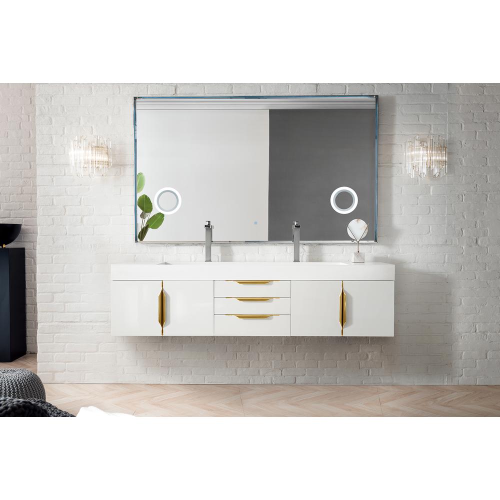 72" Double Vanity, Glossy White, Radiant Gold w/ Glossy White Composite Top. Picture 2