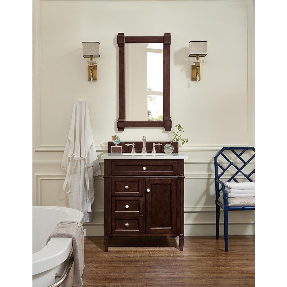 Brittany 30" Single Vanity, Burnished Mahogany w/ 3 CM Carrara Marble Top. Picture 2