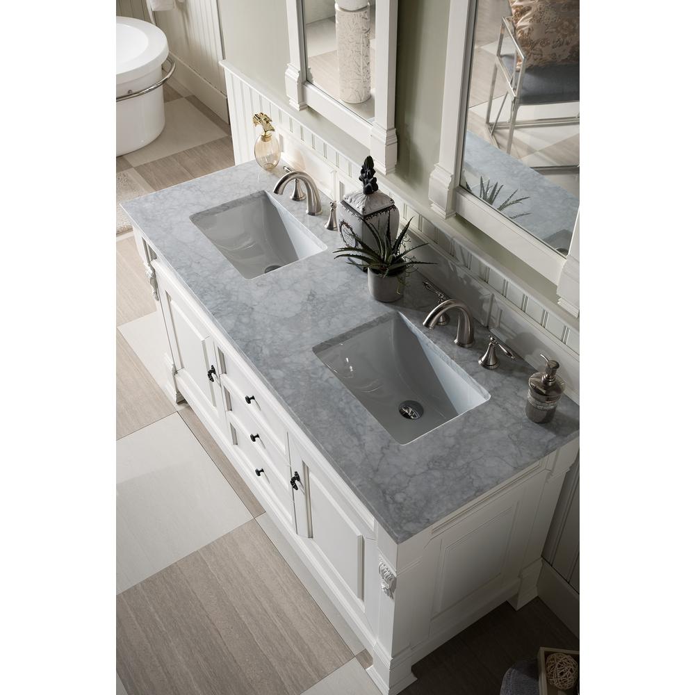 Brookfield 60" Double Vanity, Bright White w/ 3 CM Carrara Marble Top. Picture 5