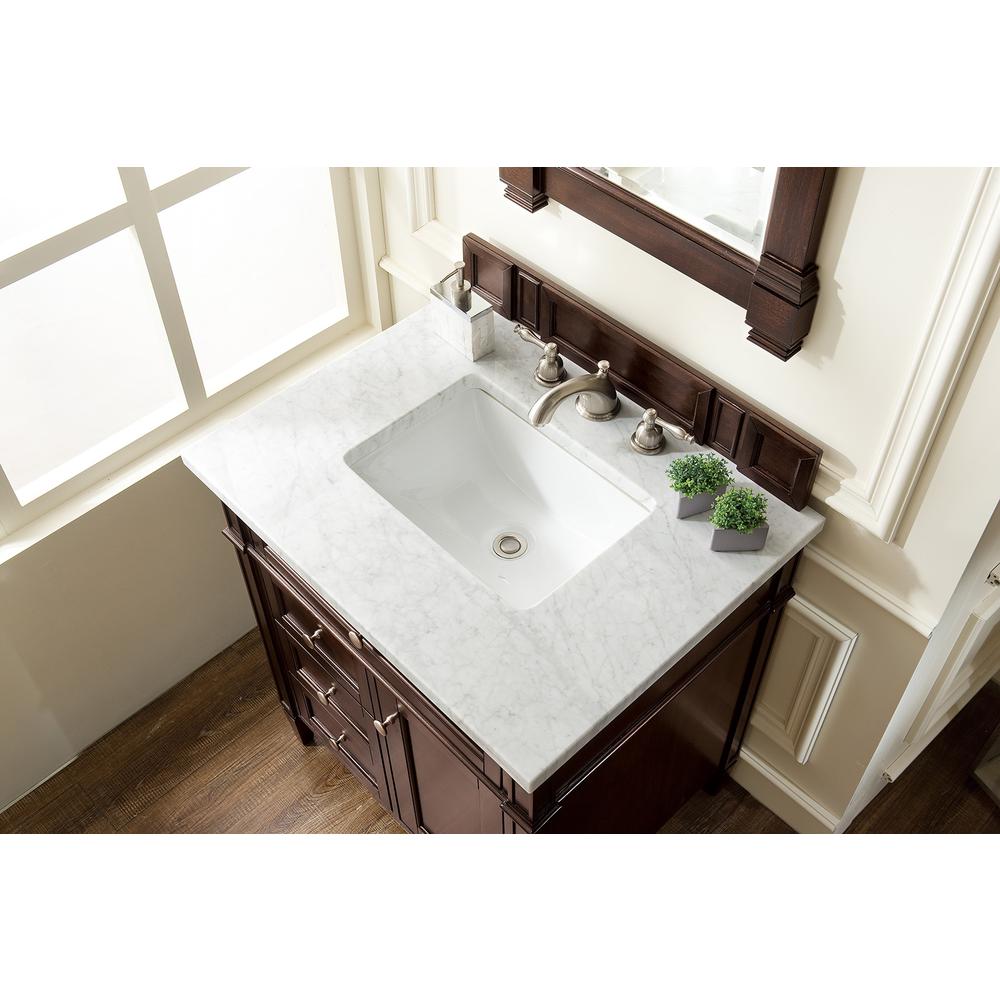 Brittany 30" Single Vanity, Burnished Mahogany w/ 3 CM Carrara Marble Top. Picture 5