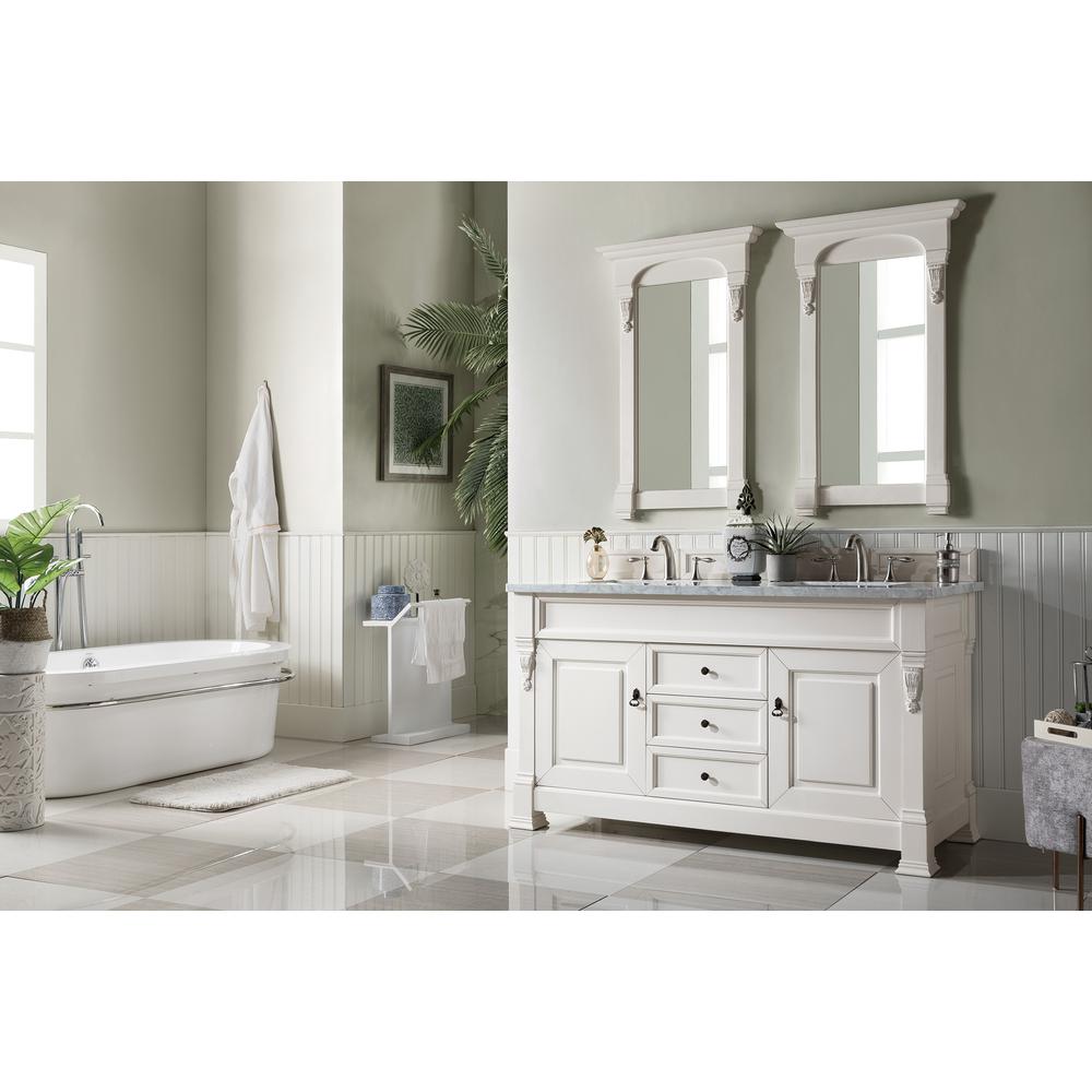 Brookfield 60" Double Vanity, Bright White w/ 3 CM Carrara Marble Top. Picture 3