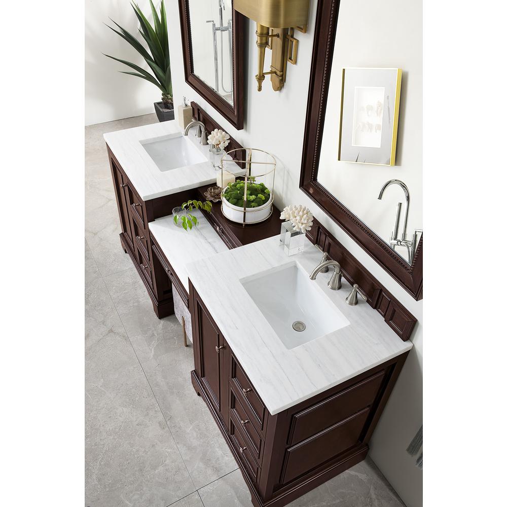 82" Double Vanity Set, Burnished Mahogany w/ Makeup Table, Solid Surface Top. Picture 9