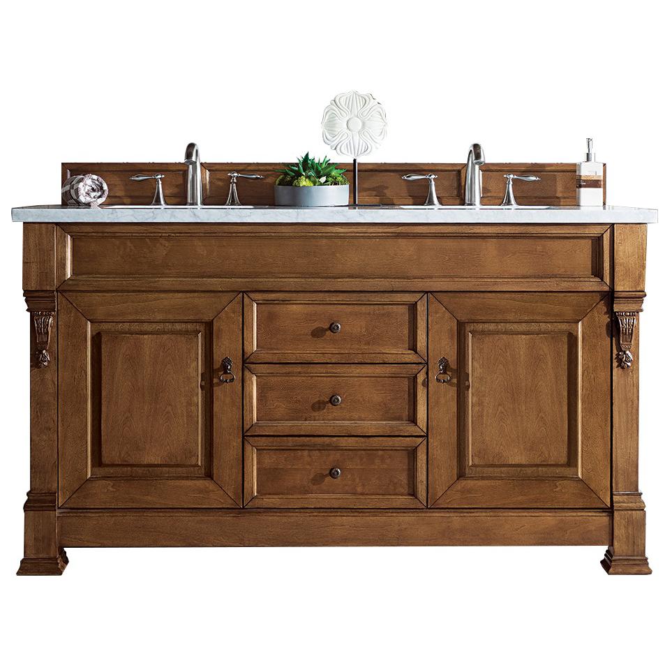 Brookfield 60" Double Vanity, Country Oak w/ 3 CM Arctic Fall Solid Surface Top. Picture 1