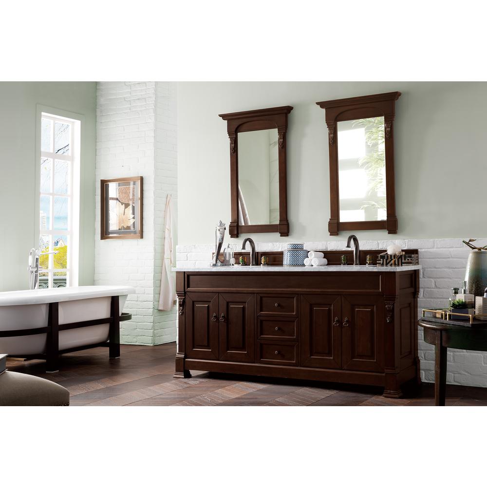 Brookfield 72" Double Vanity, Burnished Mahogany w/ 3 CM Carrara Marble Top. Picture 3