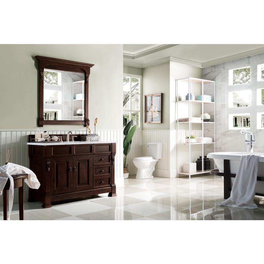 Brookfield 48" Single Vanity, Burnished Mahogany w/ 3 CM Carrara Marble Top. Picture 3