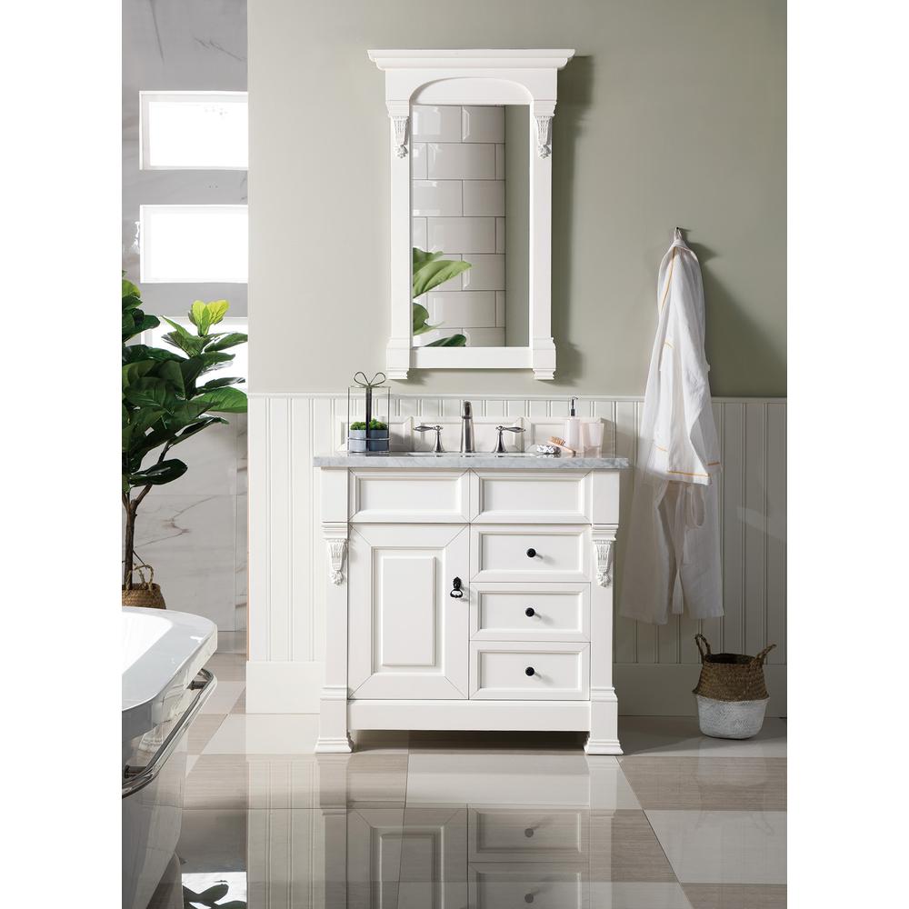 Brookfield 36" Single Vanity, Bright White w/ 3 CM Carrara Marble Top. Picture 2