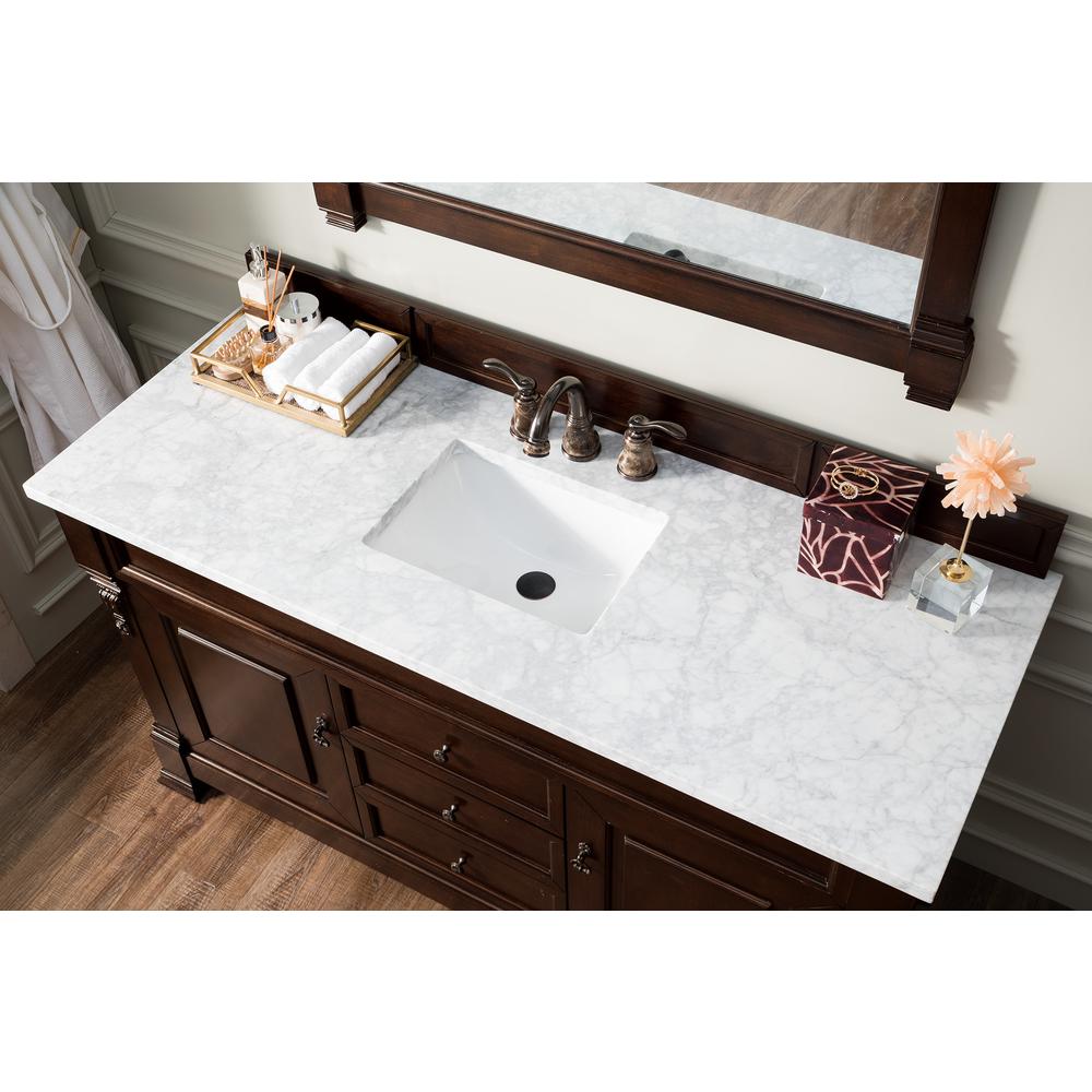 Brookfield 60" Single Vanity, Burnished Mahogany w/ 3 CM Carrara Marble Top. Picture 5