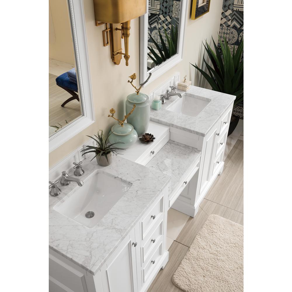 82" Double Vanity Set, Bright White w/ Makeup Table, 3 CM Carrara Marble Top. Picture 2