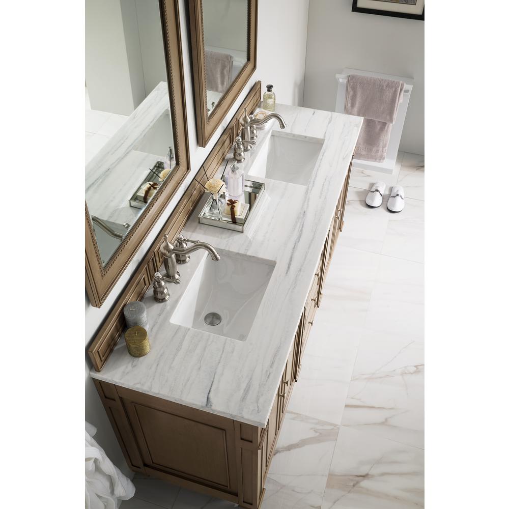 72" Double Vanity, Whitewashed Walnut, w/ 3 CM Arctic Fall Solid Surface Top. Picture 4