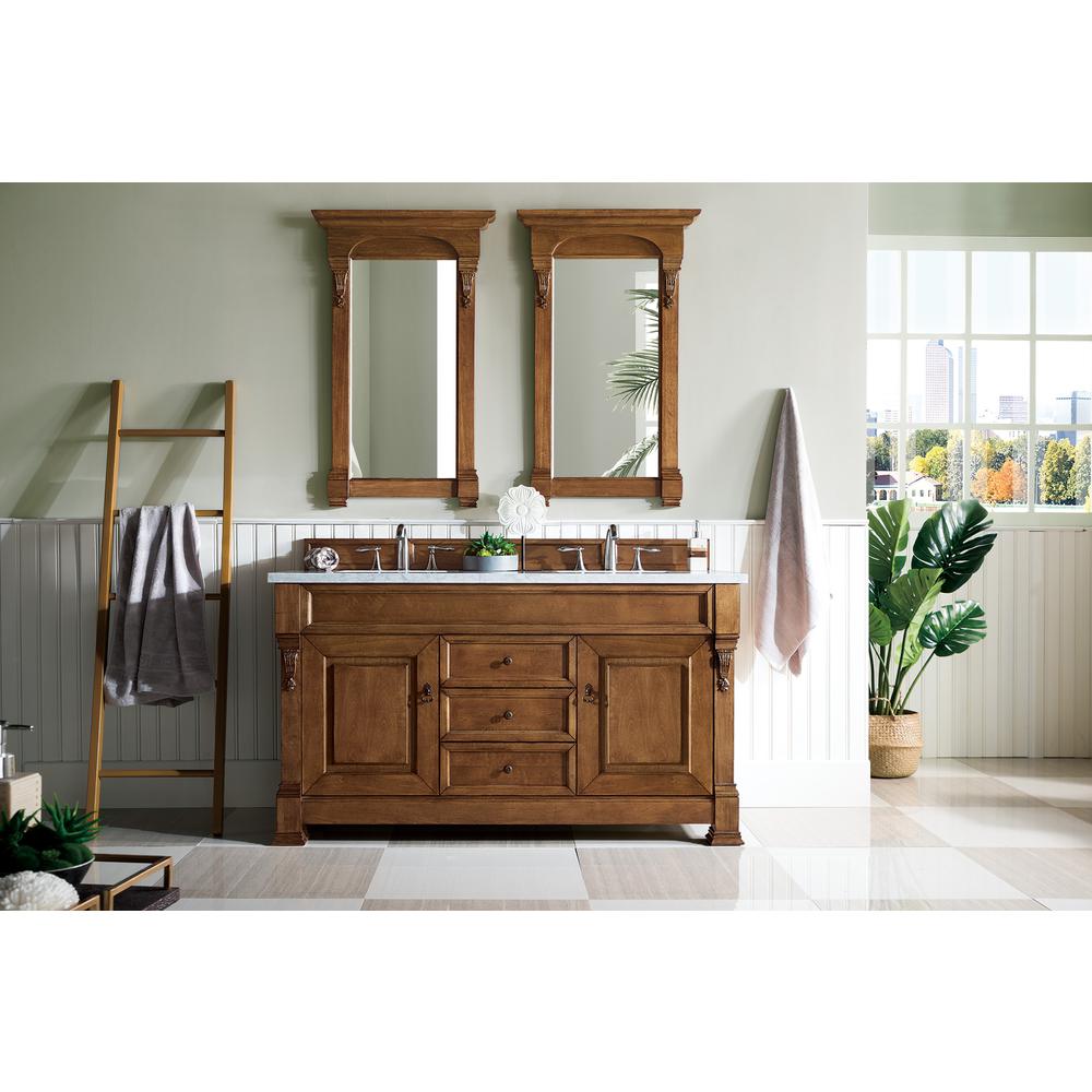 Brookfield 60" Double Vanity, Country Oak w/ 3 CM Carrara Marble Top. Picture 2