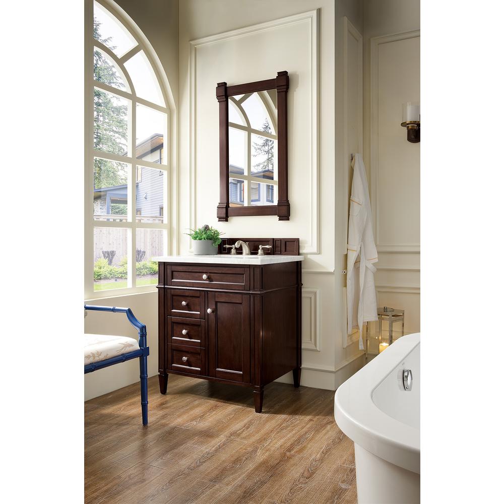 Brittany 30" Single Vanity, Burnished Mahogany w/ 3 CM Carrara Marble Top. Picture 3