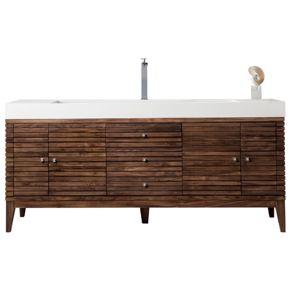 Linear 72" Single Vanity, Mid Century Walnut w/ Glossy White Composite Top. Picture 1