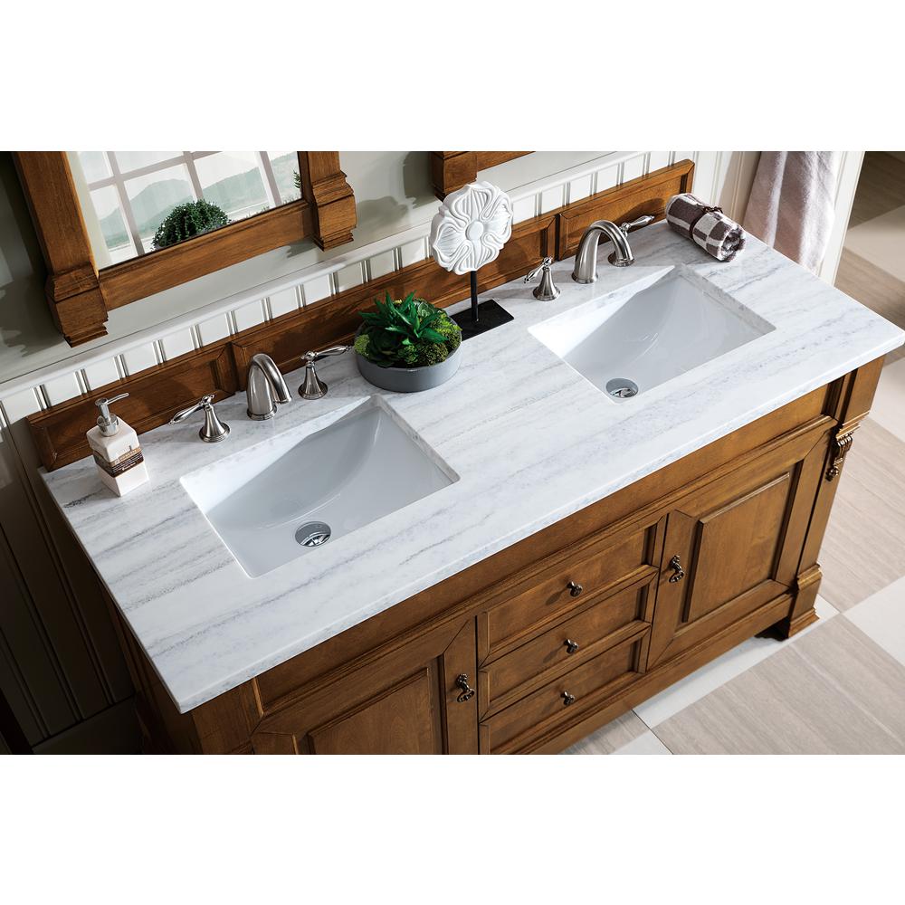 Brookfield 60" Double Vanity, Country Oak w/ 3 CM Arctic Fall Solid Surface Top. Picture 3