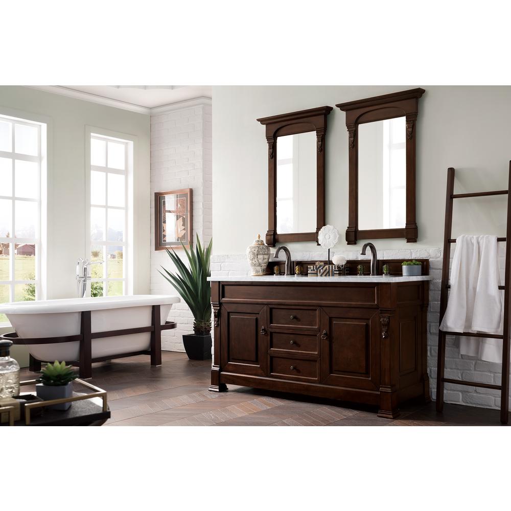 Brookfield 60" Double Vanity, Burnished Mahogany w/ 3 CM Carrara Marble Top. Picture 3