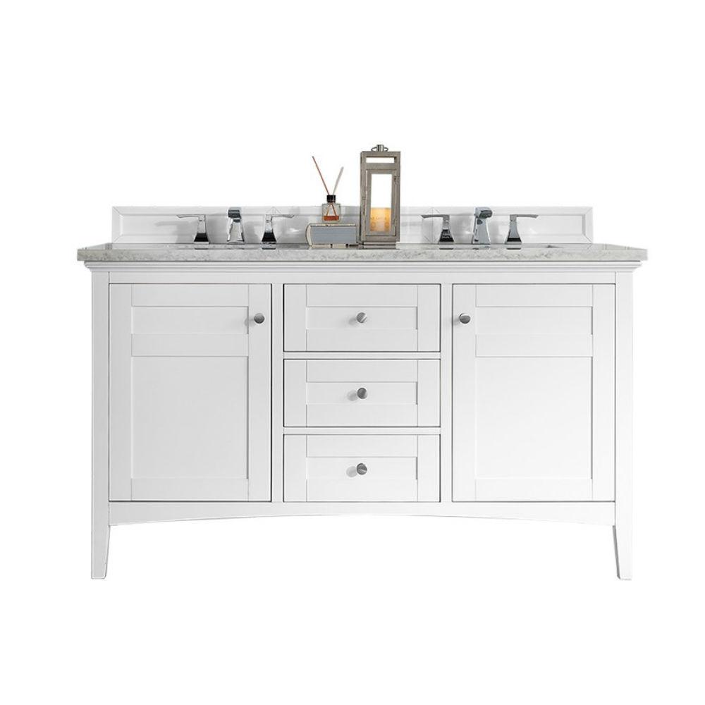 Palisades 60" Double Vanity, Bright White w/ 3 CM Arctic Fall Solid Surface Top. Picture 1
