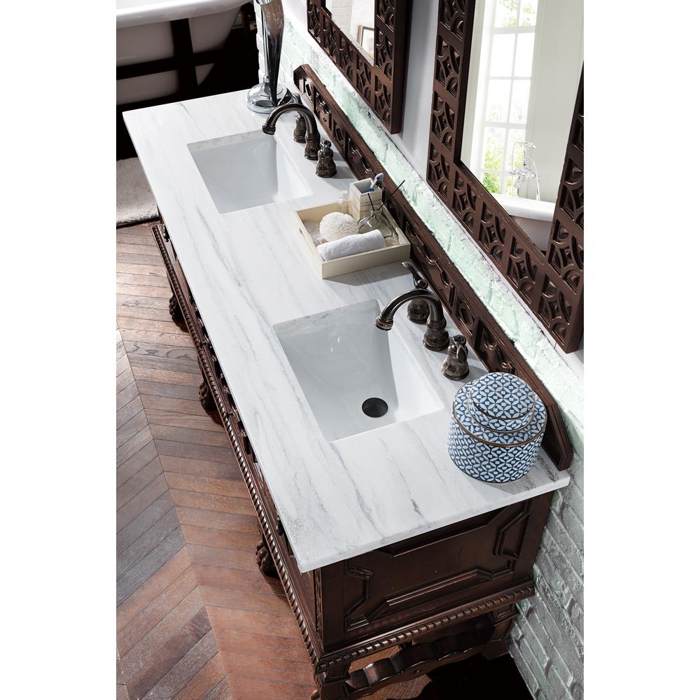 Balmoral 72" Antique Walnut Double Vanity w/ 3 CM Arctic Fall Solid Surface Top. Picture 3