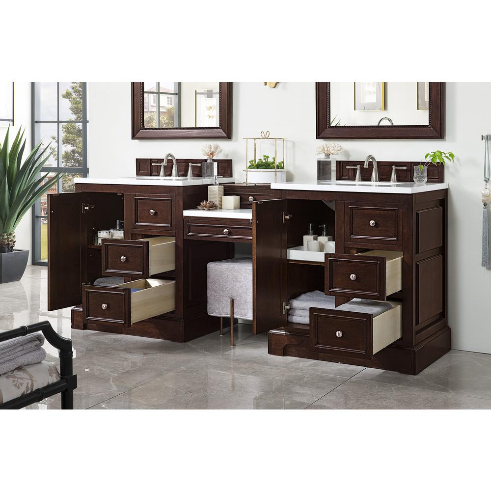 82" Double Vanity Set, Burnished Mahogany w/ Makeup Table, Solid Surface Top. Picture 7