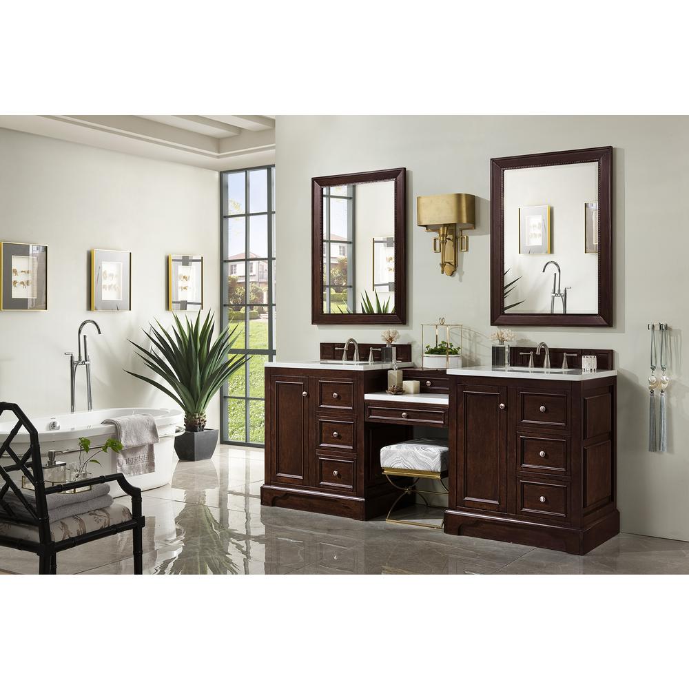 82" Double Vanity Set, Burnished Mahogany w/ Makeup Table, Solid Surface Top. Picture 11