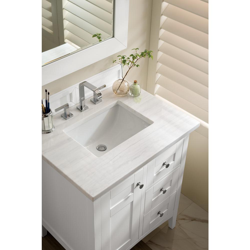Palisades 30" Single Vanity, Bright White w/ 3 CM Arctic Fall Solid Surface Top. Picture 3