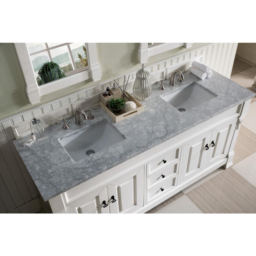 Brookfield 72" Double Vanity, Bright White w/ 3 CM Carrara Marble Top. Picture 3