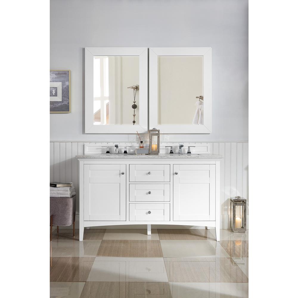 Palisades 60" Double Vanity, Bright White w/ 3 CM Arctic Fall Solid Surface Top. Picture 2