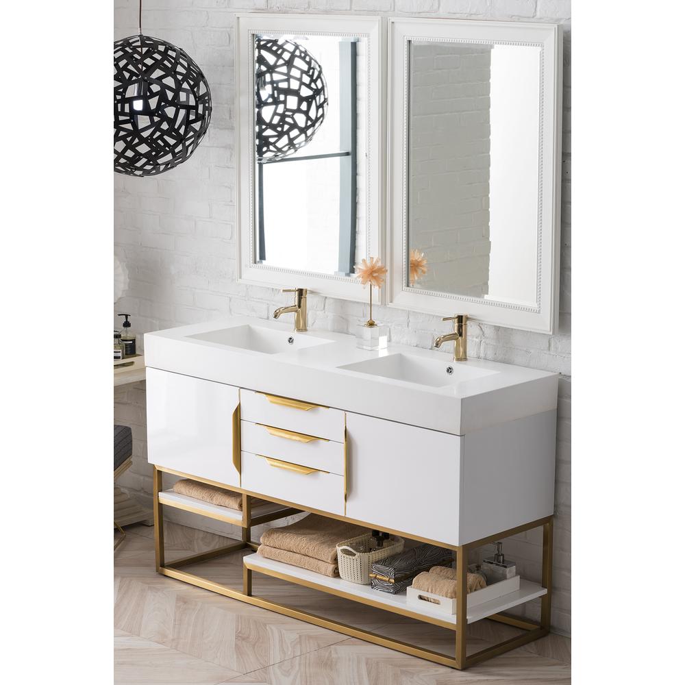 59" Double Vanity, Glossy White, Radiant Gold w/ Glossy White Composite Top. Picture 4
