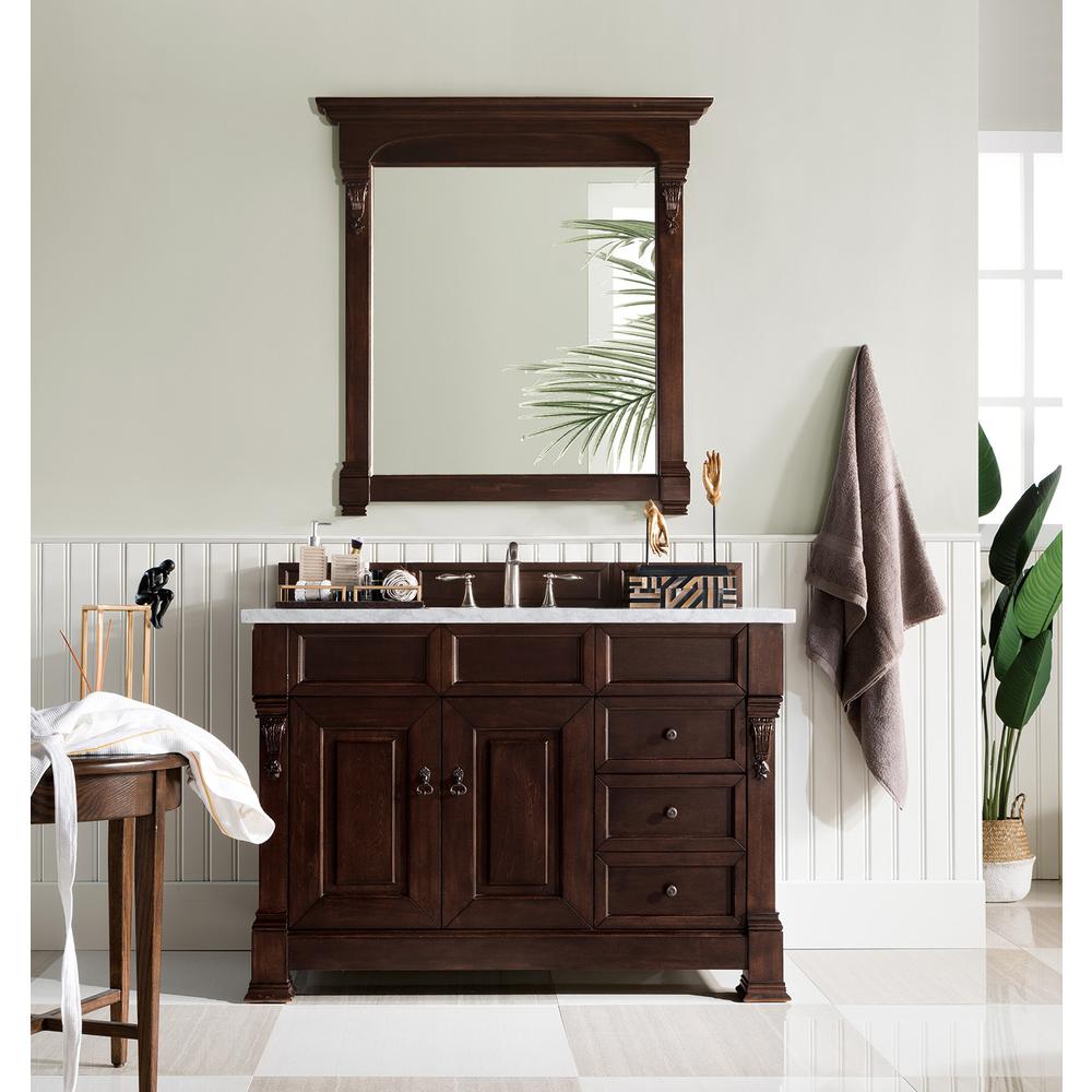 Brookfield 48" Single Vanity, Burnished Mahogany w/ 3 CM Carrara Marble Top. Picture 2