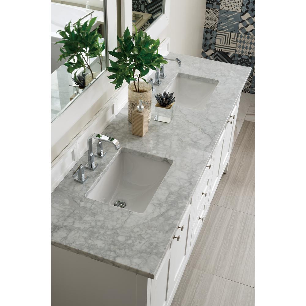 Palisades 72" Double Vanity, Bright White w/ 3 CM Carrara Marble Top. Picture 2