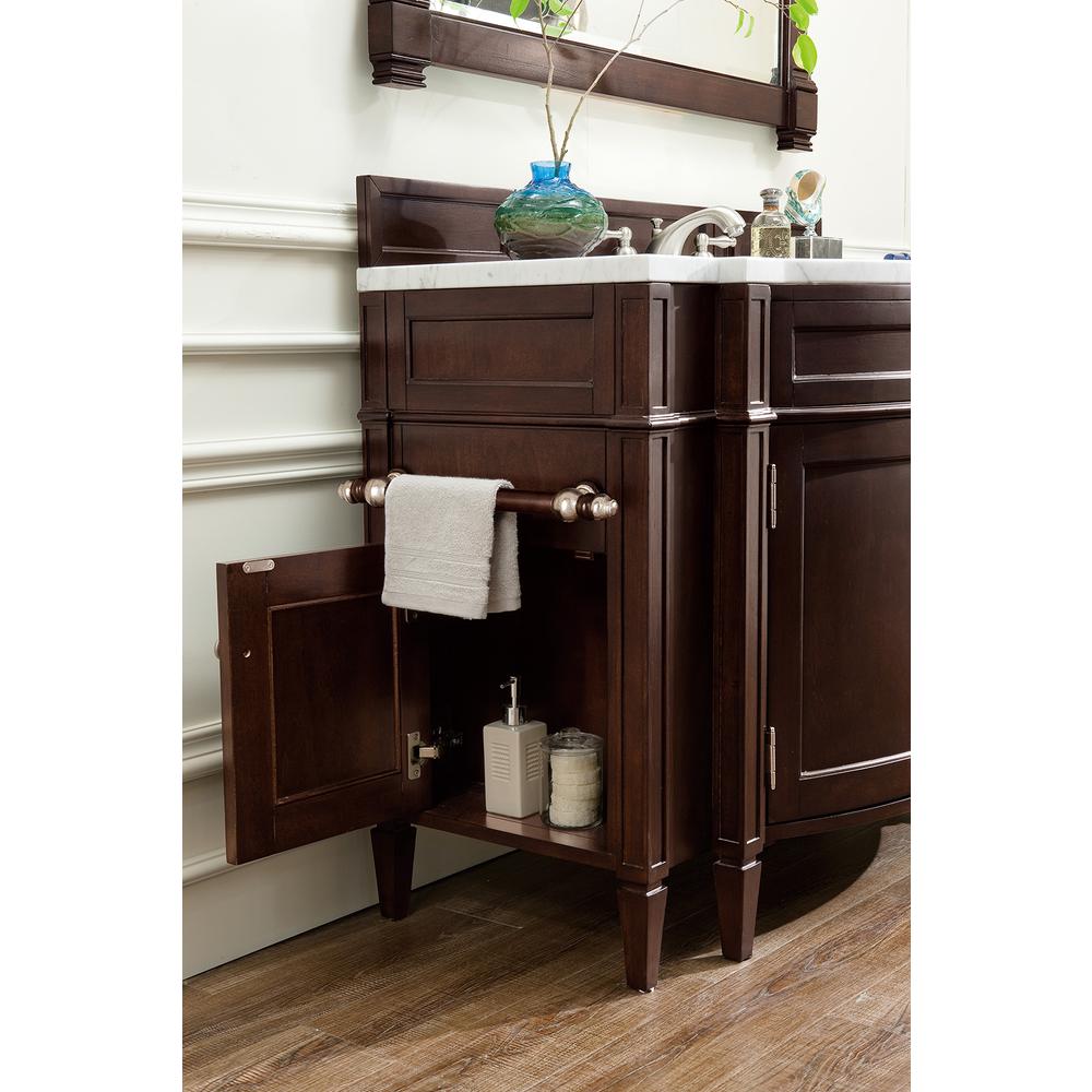 Brittany 46" Single Vanity, Burnished Mahogany w/ 3 CM Carrara Marble Top. Picture 6