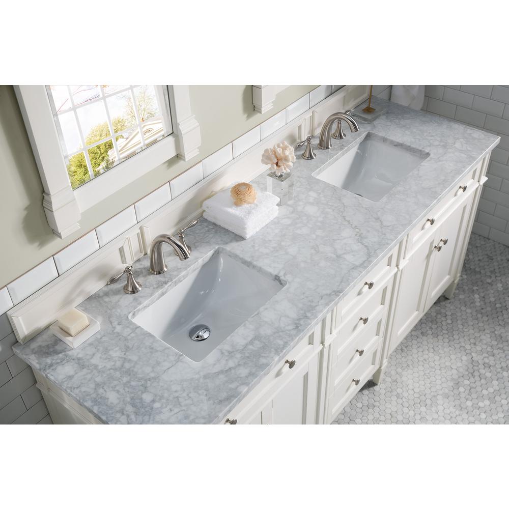 Brittany 72" Bright White Double Vanity w/ 3 CM Carrara Marble Top. Picture 2
