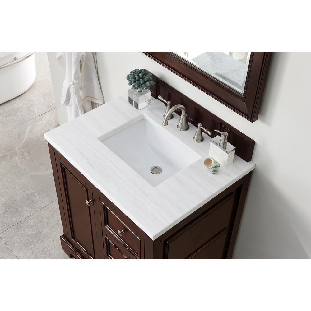 30" Single Vanity, Burnished Mahogany w/ 3 CM Arctic Fall Solid Surface Top. Picture 3