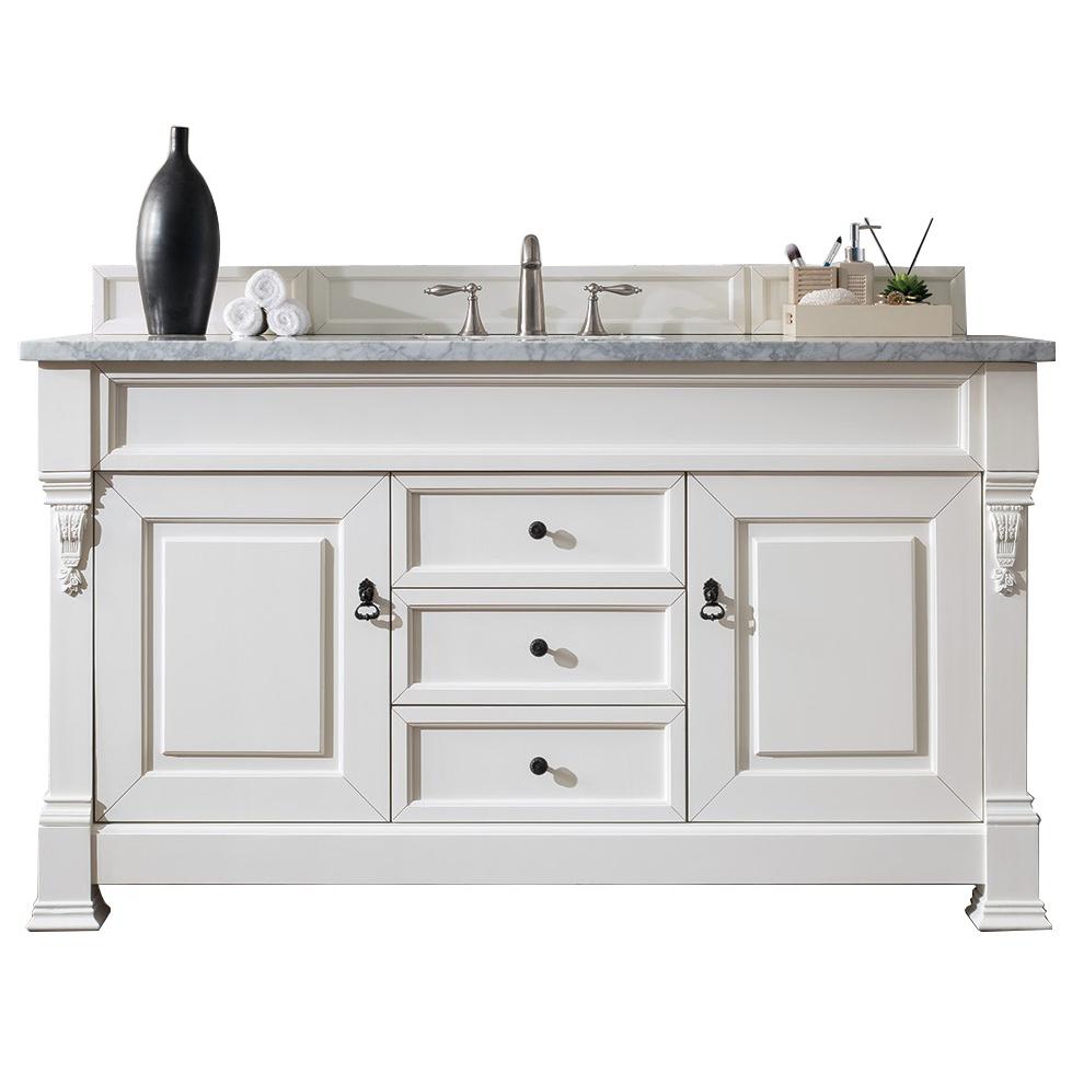 Brookfield 60" Single Vanity, Bright White w/ 3 CM Carrara Marble Top. Picture 1