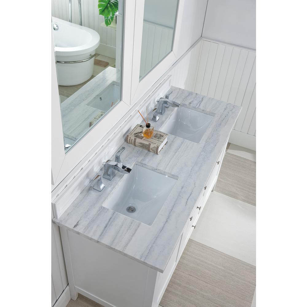 Palisades 60" Double Vanity, Bright White w/ 3 CM Arctic Fall Solid Surface Top. Picture 5